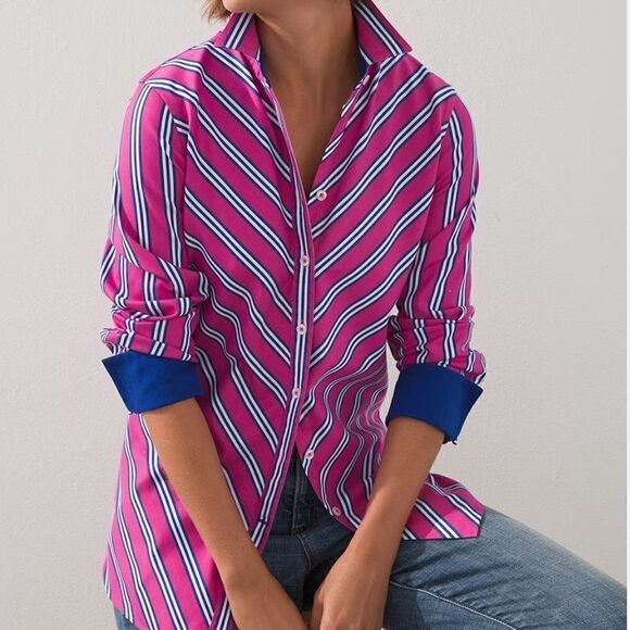 New Chico’s No Iron Fuchsia Pink & Blue Stripe Shirt Size 0 in Chico’s - Picture 1 of 8